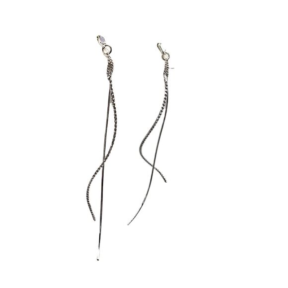 Pierced Modern Spiral Earrings Wavy Textured Sleek Silver Tone 3" Long Dangle - Picture 5 of 5